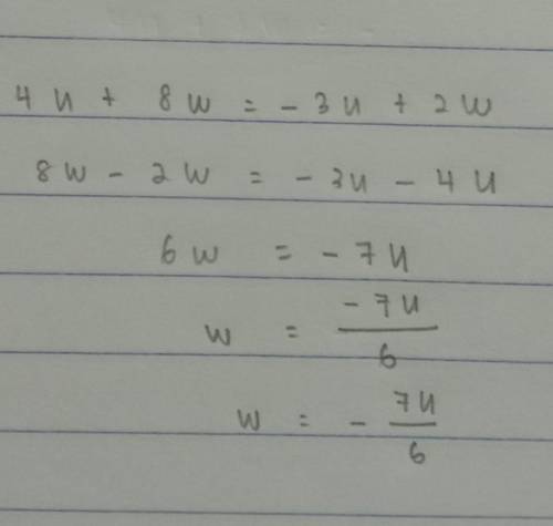 Rearrange the equation so U is the independent variable. 4u+8w=−3u+2w