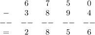 \left\begin{array}{ccccc}&6&7&5&0\\-&3&8&9&4\\--&--&--&--&--\\=&2&8&5&6\end{array}\right
