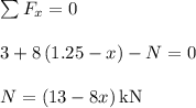 \begin{array}{l}\\\sum {{F_x}} = 0\\\\3 + 8\left( {1.25 - x} \right) - N = 0\\\\N = \left( {13 - 8x} \right){\rm{ kN}}\\\end{array}