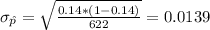 \sigma_{\hat p}= \sqrt{\frac{0.14*(1-0.14)}{622}}= 0.0139