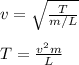 v=\sqrt{\frac{T}{m/L}}\\\\T=\frac{v^2m}{L}