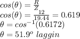 cos(\theta)=\frac{R}{Z}\\cos(\theta)=\frac{12}{19.44} =0.619\\\theta=cos^{-1}(0.6172)\\\theta=51.9^o\ laggin