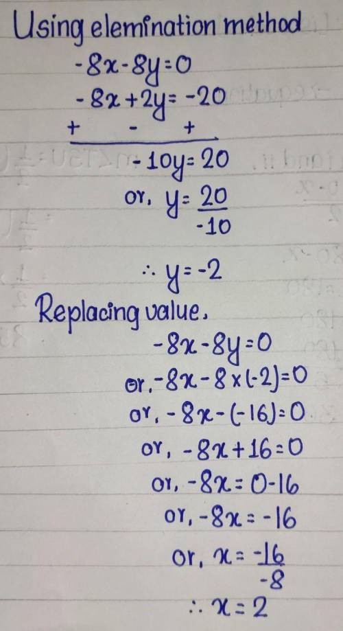 Solve the following system by any method. -8x-8y=0 and -8x+2y=-20