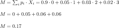M=\sum_i p_i\cdot X_i=0.9\cdot0+0.05\cdot 1+0.03\cdot2+0.02\cdot3\\\\M=0+0.05+0.06+0.06\\\\M=0.17