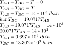 T_{AB}+T_{BC}-T=0\\T_{AB}+T_{BC}=T\\T_{AB}+T_{BC}=14*10^3\ lb.in\\but\ T_{BC}=19.0717T_{AB}\\T_{AB}+19.0717T_{AB}=14*10^3\\20.0717T_{AB}=14*10^3\\T_{AB}=0.697*10^3\ lb.in\\T_{BC}=13.302*10^3\ lb.in