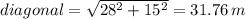 diagonal=\sqrt{28^2+15^2}=31.76\,m
