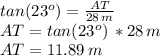 tan(23^o)=\frac{AT}{28\,m} \\AT=tan(23^o)\,* 28\,m\\AT=11.89\,m