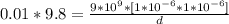 0.01 * 9.8  =  \frac{ 9*10^9 *[1*10^{-6} * 1*10^{-6}]}{d}