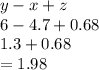 y - x + z \\ 6 - 4.7 + 0.68 \\ 1.3 + 0.68 \\  = 1.98