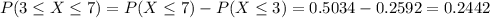 P(3 \leq X \leq 7) = P(X \leq 7) - P(X \leq 3) = 0.5034 - 0.2592 = 0.2442