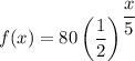 \displaystyle f(x)=80\left(\frac{1}{2}\right)^{\dfrac{x}{5} }