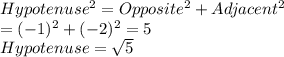 Hypotenuse^2=Opposite^2+Adjacent^2\\=(-1)^2+(-2)^2=5\\Hypotenuse=\sqrt{5}
