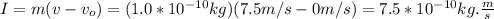 I=m(v-v_o)=(1.0*10^{-10}kg)(7.5m/s-0m/s)=7.5*10^{-10}kg.\frac{m}{s}