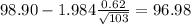 98.90-1.984\frac{0.62}{\sqrt{103}}=96.98