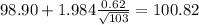 98.90+ 1.984\frac{0.62}{\sqrt{103}}=100.82