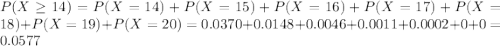 P(X \geq 14) = P(X = 14) + P(X = 15) + P(X = 16) + P(X = 17) + P(X = 18) + P(X = 19) + P(X = 20) = 0.0370 + 0.0148 + 0.0046 + 0.0011 + 0.0002 + 0 + 0 = 0.0577