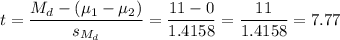 t=\dfrac{M_d-(\mu_1-\mu_2)}{s_{M_d}}=\dfrac{11-0}{1.4158}=\dfrac{11}{1.4158}=7.77