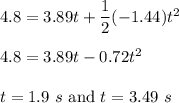4.8=3.89t+\dfrac{1}{2}(-1.44)t^2\\\\4.8=3.89t-0.72t^2\\\\t=1.9\ s \ \text{and}\ t=3.49\ s