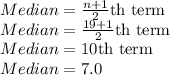 Median = \frac{n+1}{2}\text{th term}\\Median = \frac{19+1}{2} \text{th term}\\Median = 10 \text{th term}\\Median = 7.0