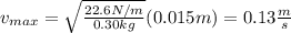 v_{max}=\sqrt{\frac{22.6N/m}{0.30kg}}(0.015m)=0.13\frac{m}{s}
