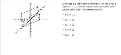 Each base of a right prism is a rhombus. the figure has a vertex at (4, 0, 2). which ordered triple