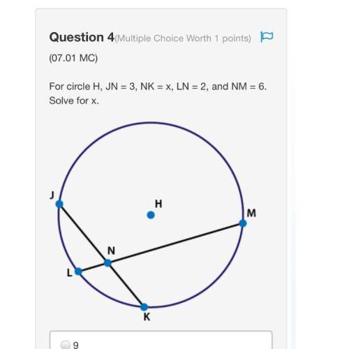 For circle h, jn = 3, nk = x, ln = 2, and nm = 6. solve for x. circle h with chords jk a