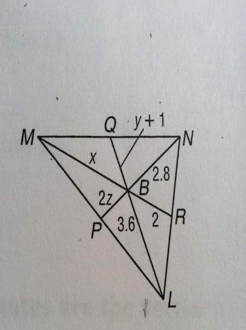 In triangle lmn, p, q, and r are the midpoints of lm, mn, and ln, respectively. find x, y, and z.