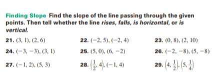 Find the slope of the line(s) passing through the given points. then tell whether the line(s) rises,