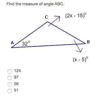 Find the measure of angle abc. a. 124 b. 97 c. 56 d.