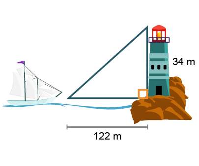 Aboat is 122 meters from the base of a lighthouse that is 34 meters above sea level. what is the ang