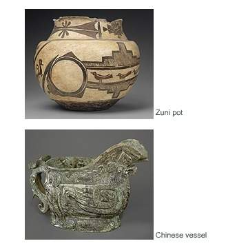 Which of the following statements summarizes a difference between this zuni pot and this chinese ves