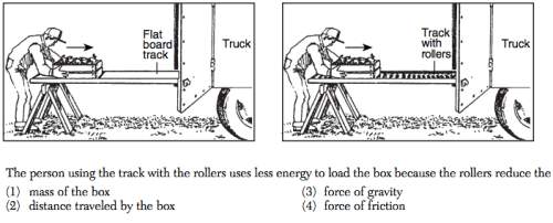 The person using the track with the rollers uses less energy to load the box because the rollers red