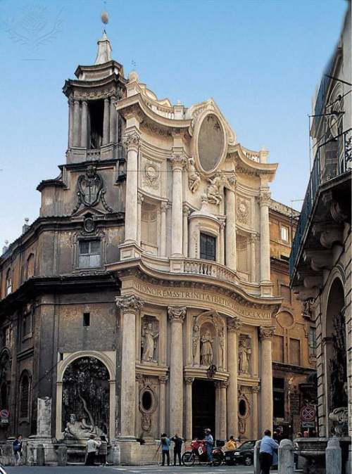 The images show a plan and exterior view of francesco borromini’s san carlo alle quattro fontane.