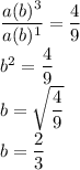 \dfrac{a (b)^{3}}{a (b)^{1}} =\dfrac{4}{9} \\b^2=\dfrac{4}{9}\\b=\sqrt{\dfrac{4}{9}} \\b=\dfrac{2}{3}