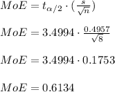 MoE = t_{\alpha/2}\cdot (\frac{s}{\sqrt{n} } ) \\\\MoE = 3.4994 \cdot \frac{0.4957}{\sqrt{8} } \\\\MoE = 3.4994\cdot 0.1753\\\\MoE = 0.6134\\\\