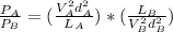 \frac{P_A}{P_B} = (\frac{V^2_A  d^2_A}{L_A} )*(\frac{L_B}{V^2_B  d^2_B})\\\\