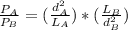 \frac{P_A}{P_B} = (\frac{ d^2_A}{L_A} )* (\frac{L_B}{d^2_B} )