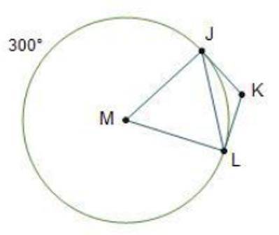 Major arc JL measures 300°. Circle M is shown. Line segments M J and M L are radii. Tangents J K and