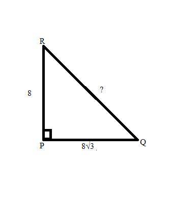 Triangle P Q R is shown. Angle Q P R is a right angle. The length of Q P is 8 StartRoot 3 EndRoot an