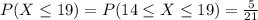 P(X\leq 19) = P(14\leq X \leq 19) = \frac{5}{21}