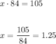 x\cdot 84=105 \\\\\\x=\dfrac{105}{84}=1.25