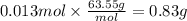 0.013mol \times \frac{63.55g}{mol} = 0.83 g