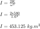 I = \frac{2K}{\omega^2} \\\\I = \frac{2*580}{1.6^2} \\\\I = 453.125 \ kg.m^2