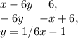 x - 6y = 6,\\- 6y = - x + 6,\\y = 1 / 6x - 1