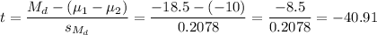 t=\dfrac{M_d-(\mu_1-\mu_2)}{s_{M_d}}=\dfrac{-18.5-(-10)}{0.2078}=\dfrac{-8.5}{0.2078}=-40.91