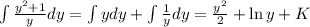 \int \frac{y^2 + 1}{y}dy = \int y dy + \int \frac{1}{y} dy = \frac{y^2}{2} + \ln{y} + K