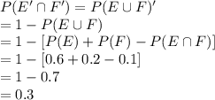 P(E'\cap F')=P(E \cup F)'\\=1-P(E \cup F)\\=1-[P(E)+P(F)-P(E\cap F)]\\=1-[0.6+0.2-0.1]\\=1-0.7\\=0.3