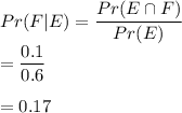 Pr (F|E )=\dfrac{Pr(E \cap F)}{Pr(E)} \\=\dfrac{0.1}{0.6}\\\\=0.17