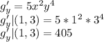 g'_y = 5x^2y^4\\g'_y|(1,3)= 5*1^2* 3^4\\g'_y|(1,3)= 405
