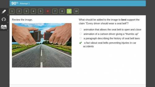 Review the image. A pair of hands buckling a seatbelt over a road. What should be added to the image